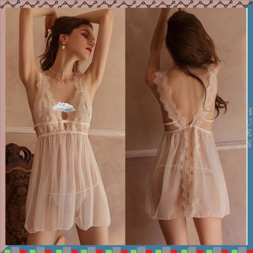 HUES.ID NightDress Baju Tidur Wanita Dewasa / Polyester / Renda / Kait Belakang VNeck Premium 3110