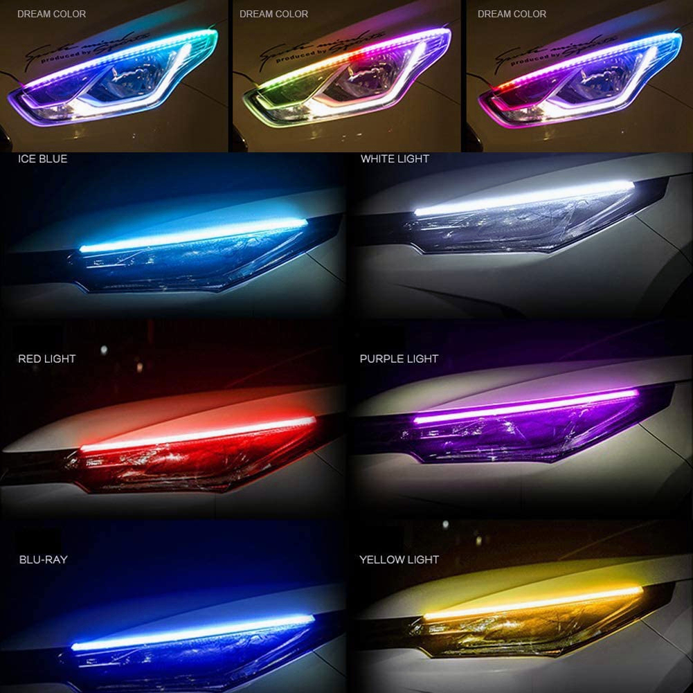 （Satu set =2 pcs dijual） Alis LED slim alis DRL fleksibel waterproof Transformasi warna-warni + kendali jarak jauh 12v 60cm 30cm 2 mode running motor mobil 2 MODE SEN RUNNING DAN SENJA