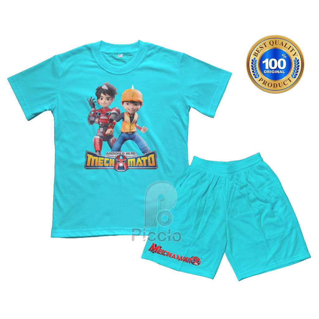 (FREE NAMA) BAJU KAOS SETELAN ANAK MOTIF KARAKTER KARTUN MECHAMATO X BOBOIBOY UNISEX