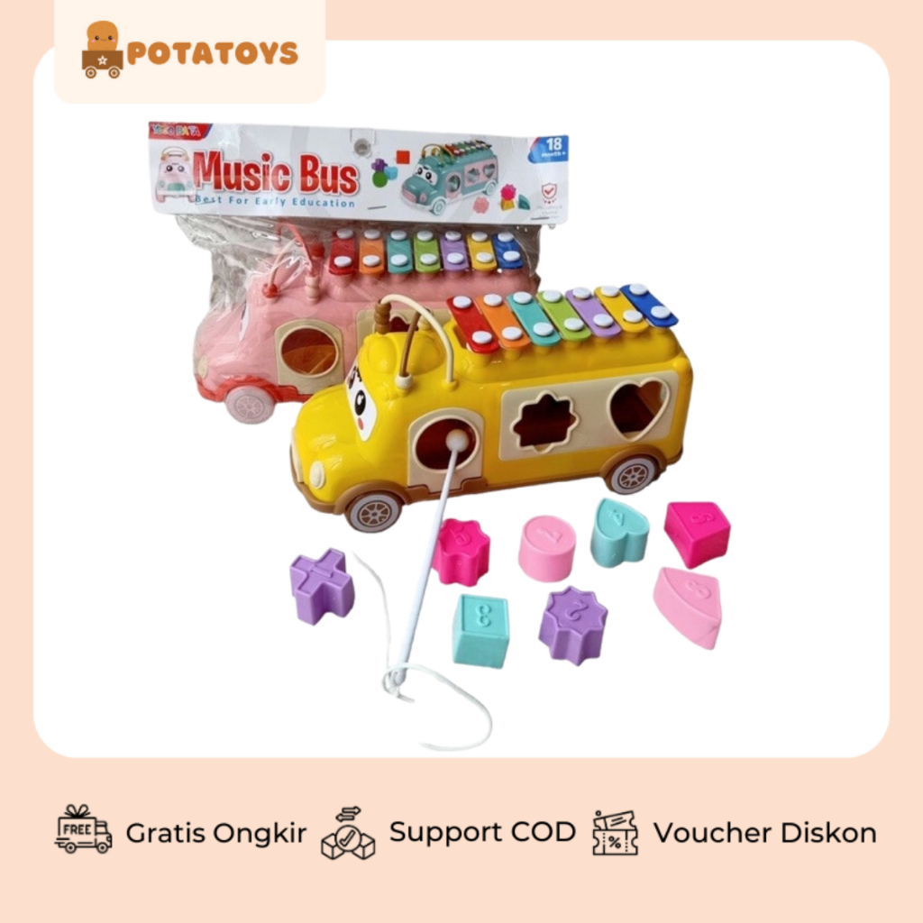 [ Potatoys ] Huanger Music Baby Bus Xylophone / Bus Xylophone Mobil 3in1 / Sorting Bentuk dan Alur Kawat / Mainan Anak Edukasi / Mainan Music