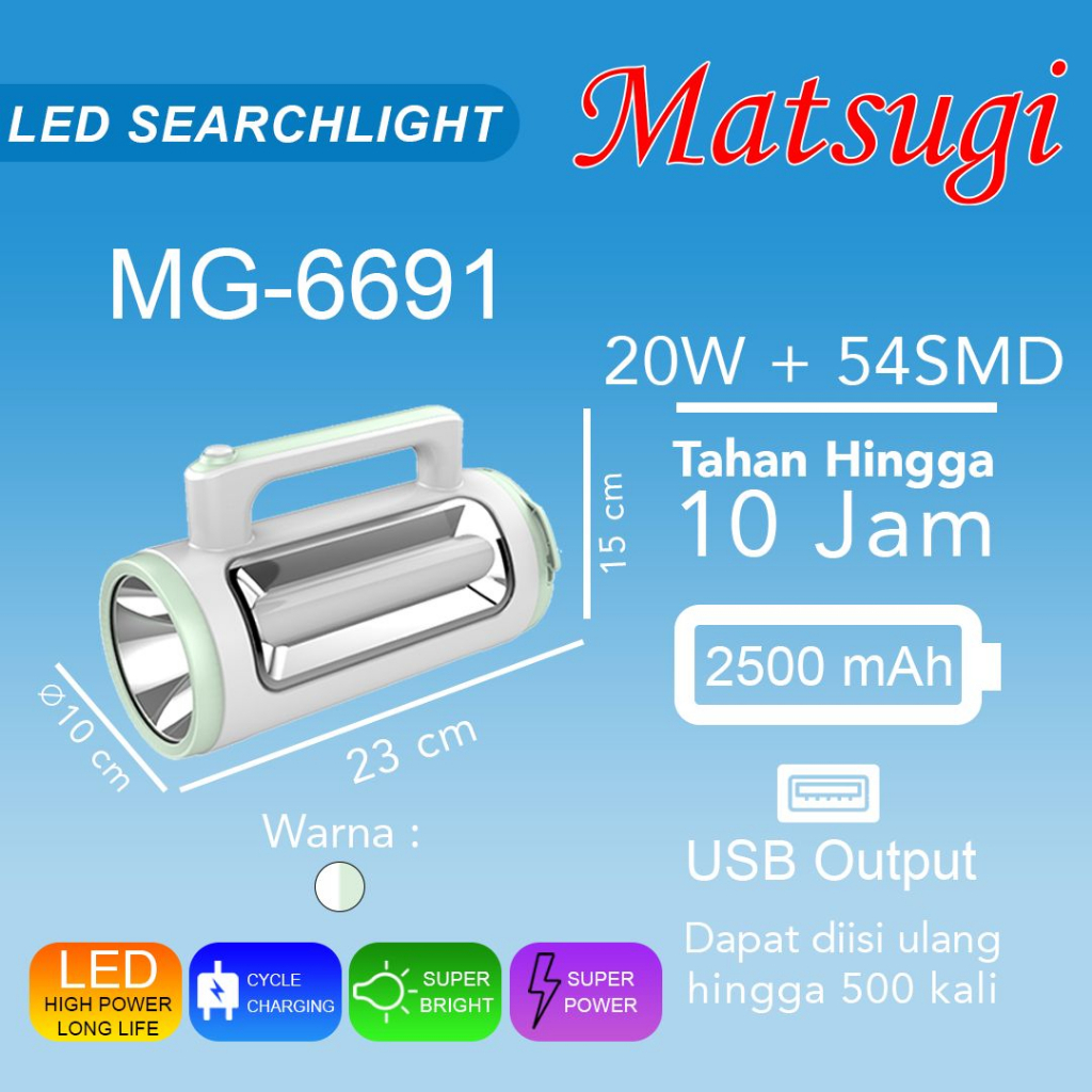 SENTER 20W + LAMPU EMERGENCY 3 SISI 54 SMD MATSUGI MG-6691 | BISA DI GANTUNG