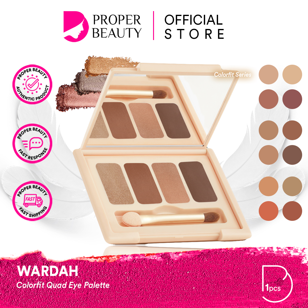 WARDAH Colorfit Quad Eye Palette Indonesia / Eyeshadow 4 IN 1 / Pigmented Blendable Microsmooth Creasing / Matte Shimmer Natural / 01 Brunette Dawn 02 Rose Aurora 03 Sunlit Blaze / Cosmetic Face Makeup Series / Highlighter Highlight Contour Bronzer Shadow