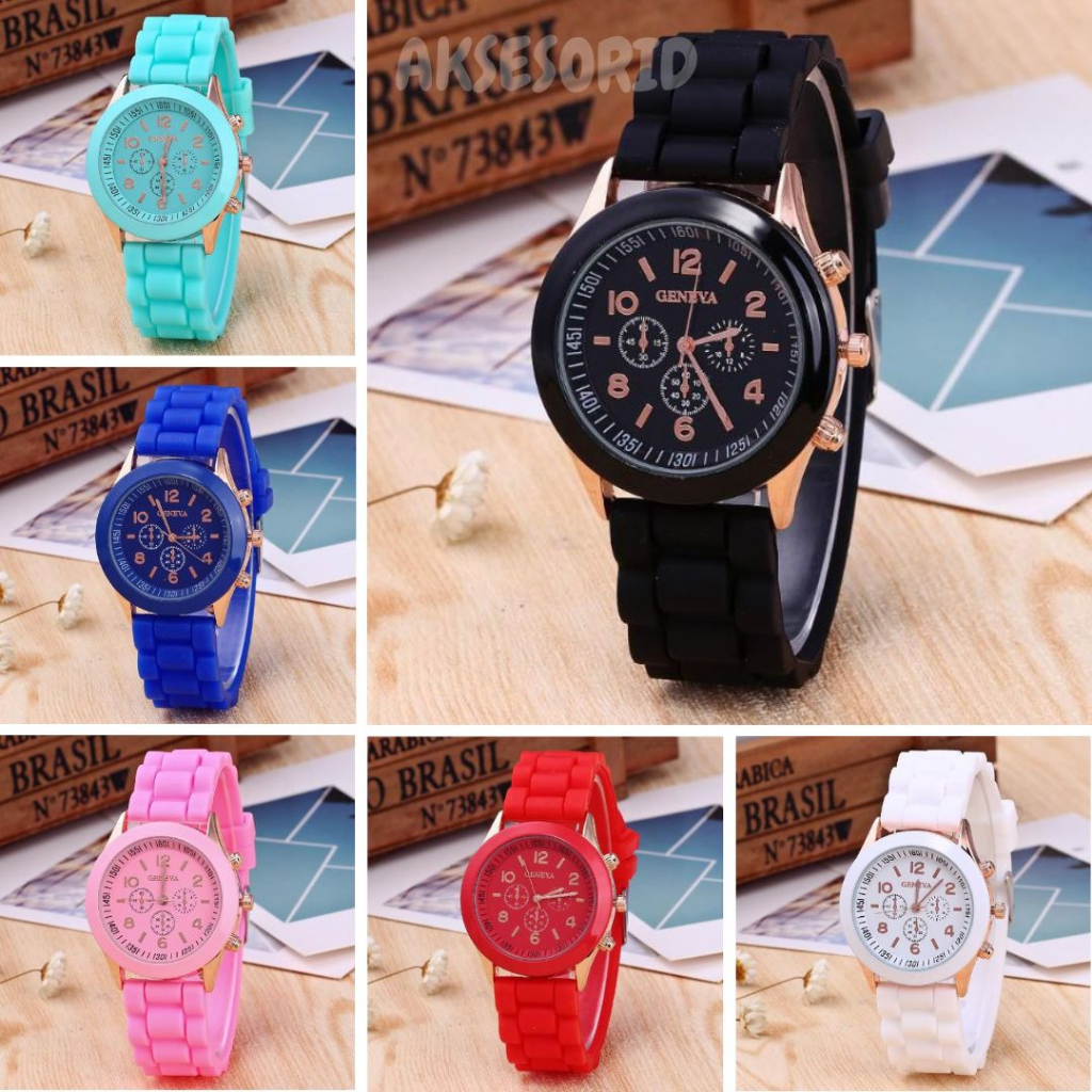Jam Tangan Geneva Wanita Pria Couple Analog Fashion Strip Rubber