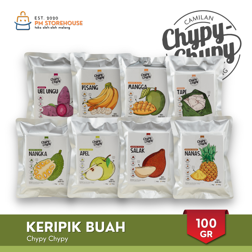 Chypy Keripik Buah Kualitas Super | Oleh Oleh Khas Malang Keripik Apel, Nangka, Salak, Nanas, Mangga, Pisang, Ubi Ungu, Tape - 100 Gram