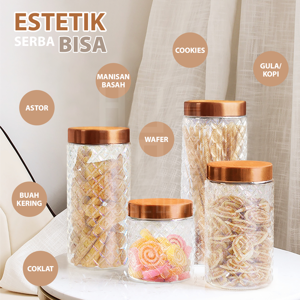 Toples Kaca Set 4 Pcs Toples Kue Kedap Udara Tutup Warna Rose Gold Premium Quality HUGO