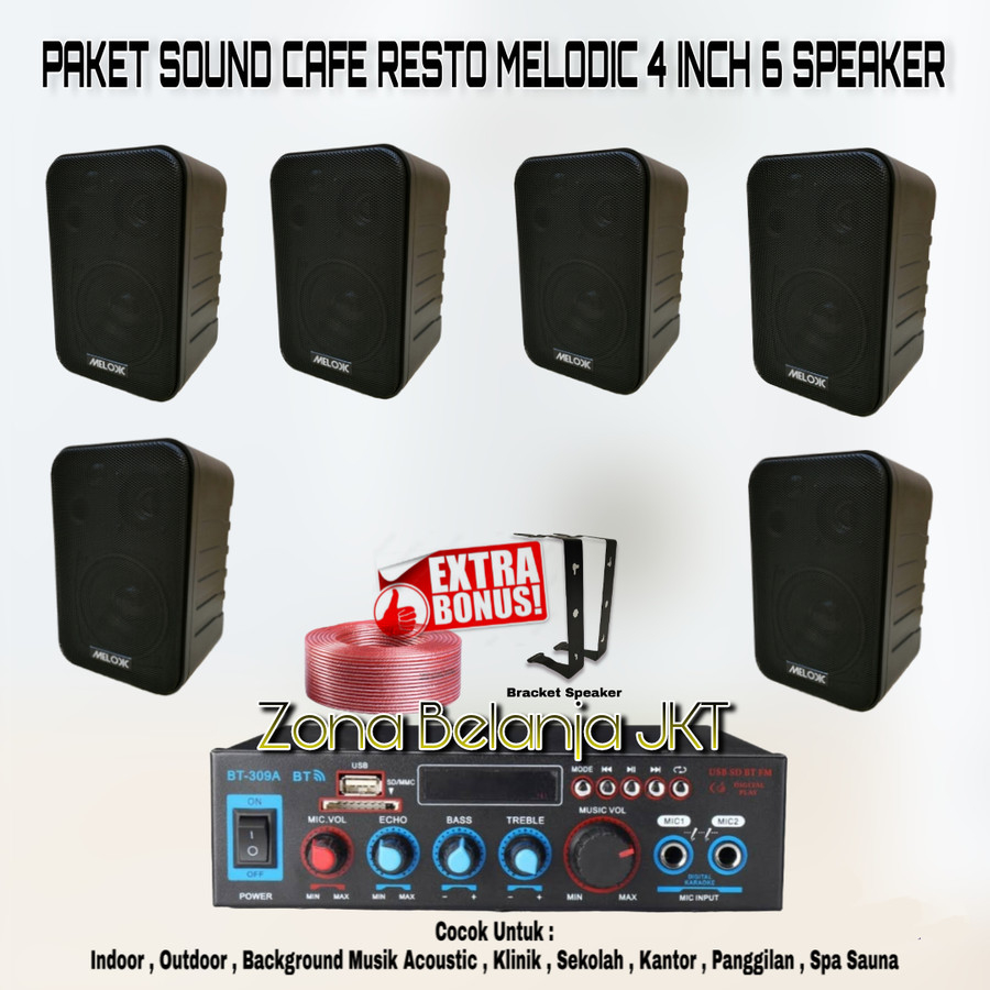 PAKET SOUND SYSTEM AUDIO CAFE RESTO MELODIC 4 INCH 6 SPEAKER ( SET 1 )