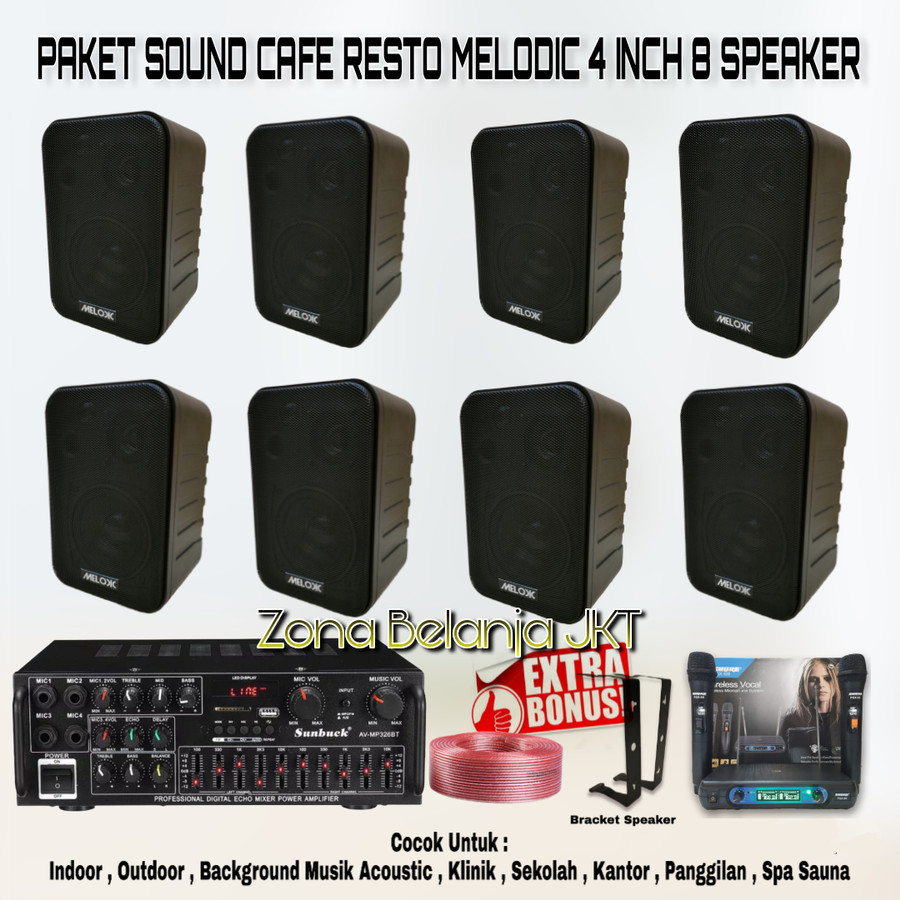 PAKET SOUND SYSTEM AUDIO CAFE RESTO MELODIC 4 INCH 8 SPEAKER ( SET 3 )