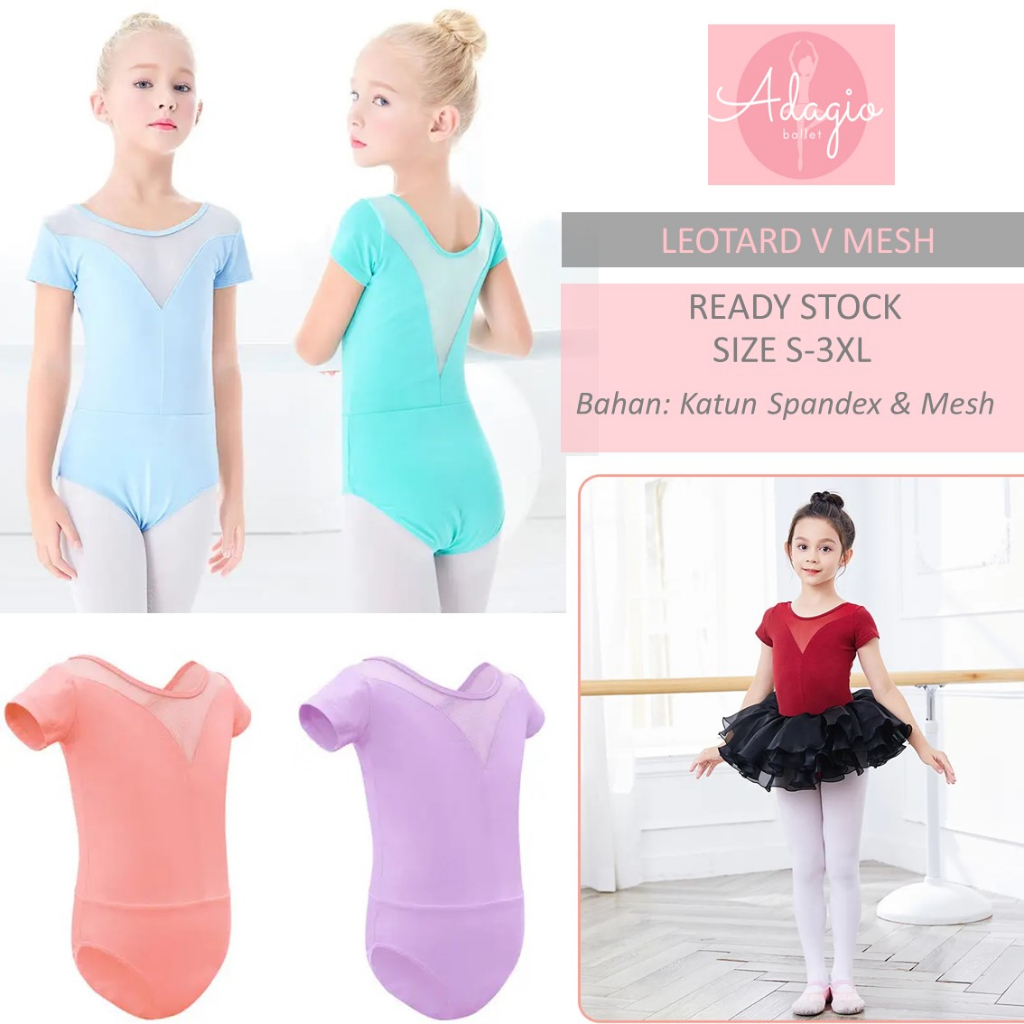 LEOTARD MESH V NECK BAJU GYM BALET COTTON SPANDEX KIDS ANAK