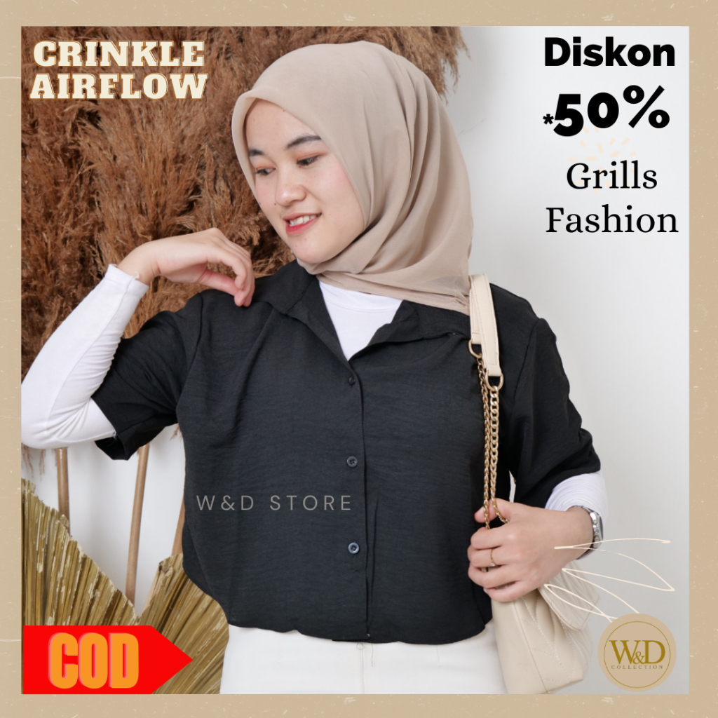 KEMEJA WANITA CROP POLOS LENGAN PENDEK CRINGKLE AIRFLOW premium