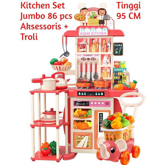 Mainan Kitchen Set Jumbo 95 CM Lengkap Troli dengan Wastafel Cuci Piring Bisa Keluar Air dan Embun U