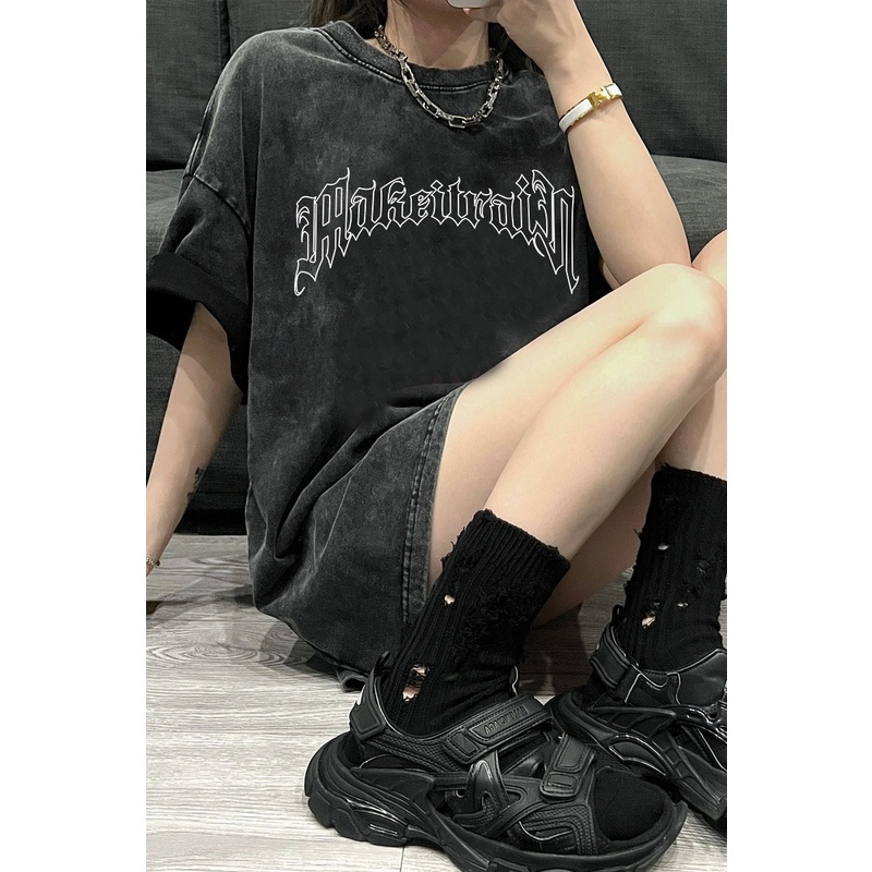 Korean StyleVintage T-shirt Hitam Washed Oversize Kaos Lengan Pendek Baju Wanita/atasan abu