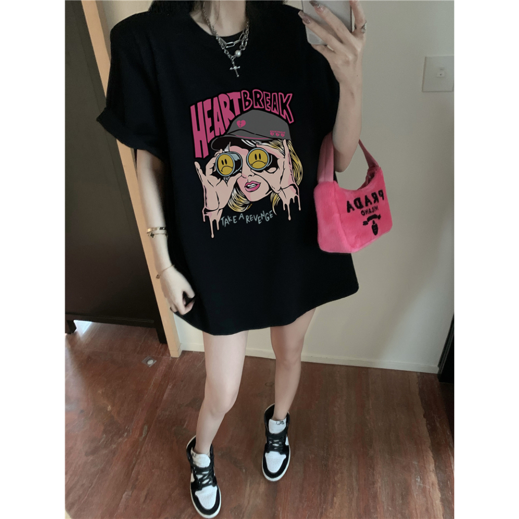 EUNII T-shirt Lengan Pendek Retro Pink Heart Break Korean Style/Kaos Atasan Wanita/Baju Kaus Oversize Wanita/Kaos Wanita