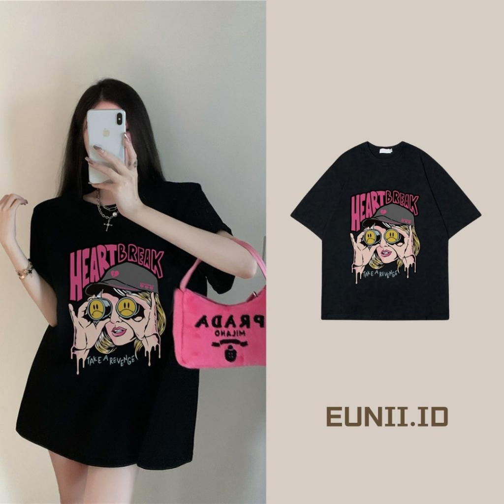 EUNII T-shirt Lengan Pendek Retro Pink Heart Break Korean Style/Kaos Atasan Wanita/Baju Kaus Oversize Wanita/Kaos Wanita