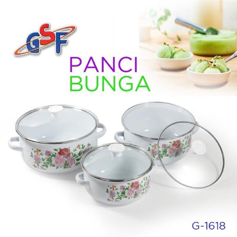 Panci Sayur Enamel - Panci bunga set GSF panci enamel tutup kaca panci beranak motif bunga