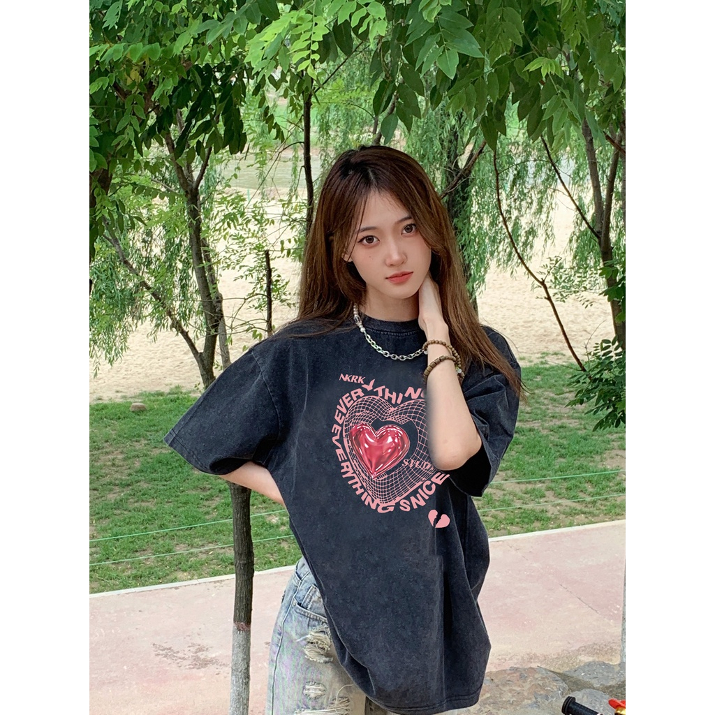 100% Katun Kaos Vintage Hitam Atasan Wanita Lengan Pendek Oversize Printed T-shirt Baju Wanita Kekinian Korean Style/atasan abu