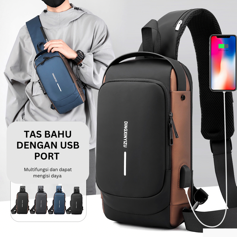 Mainland Tas Selempang Pria Waist Bag Port USB Simple Tas Bahu Modern Outdoor TS717