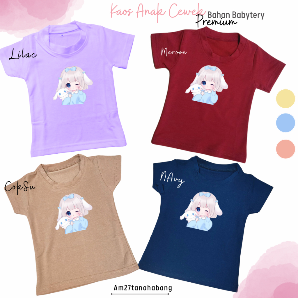 Premium Production estalase 003! Kaos Anak Cewek BABYTERY Spandek 1-10tahun POLOS, ANYA, MELODY, CINNAMOROL