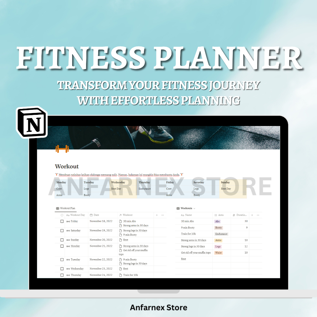 Fitness Planner Notion Template | Fitness Tracker, Digital Planner, Workout Planner, Weight Loss Pla