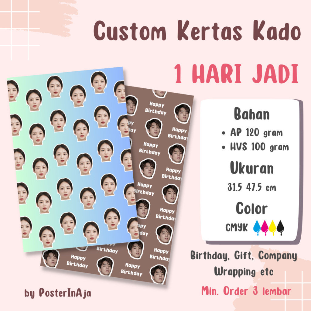 

Custom Kertas Kado A3+ Wrapping Paper Muka Termurah Bisa Foto Sendiri Bisa Foto Idol dan Bisa Text Bahan Art Paper / HVS