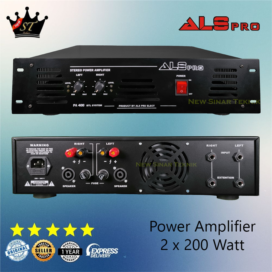 ALS Pro PA-400 PA400 Power Amplifier 400 Watt Stereo 2 Channel Amply