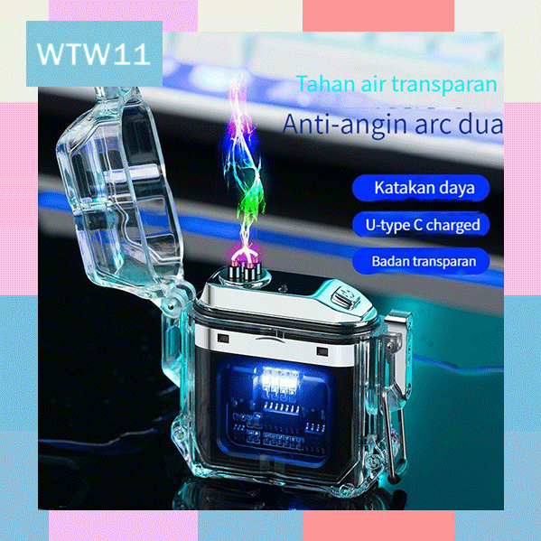 WTW Lighter USB Windproof Outdoor Camping Waterproof Rechargeable/Cangkang transparan tahan air pulsa elektronik lebih tahan angin outdoor tahan angin dan rokok busur listrik tahan air