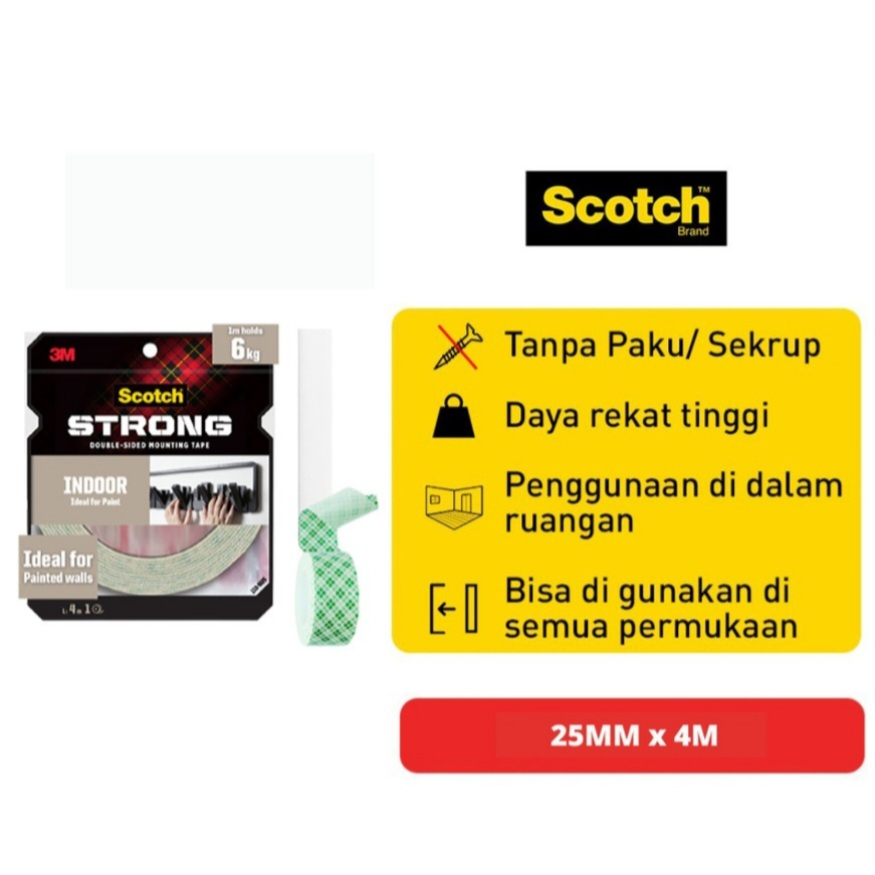 

3M Scotch Double Tape Indoor VHB 110-M25 dan 110-M12 Ukuran 25mm x4m dan 12mm x4m Daya tahan sd 2,8-6kg