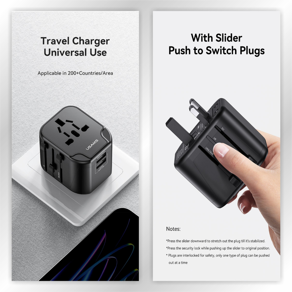 USAMS T55 Universal Adaptor Travel Charger Dual USB 12W (US/AU/EU/UK)