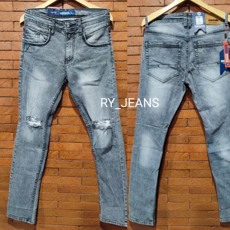 Jeans sobek lutut pria grey celana jeans abu pria streeth