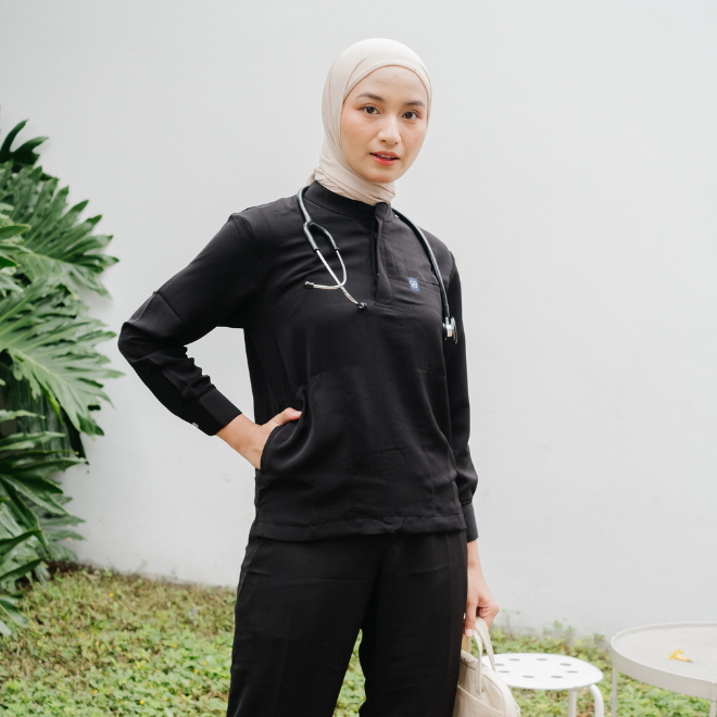 Baju Jaga MANDARIN LS - BLACK Scrubs Theatre Blues First Line Lengan Panjang