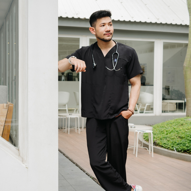 Baju Jaga V NECK SS - BLACK Scrubs Theatre Blues First Line Pendek