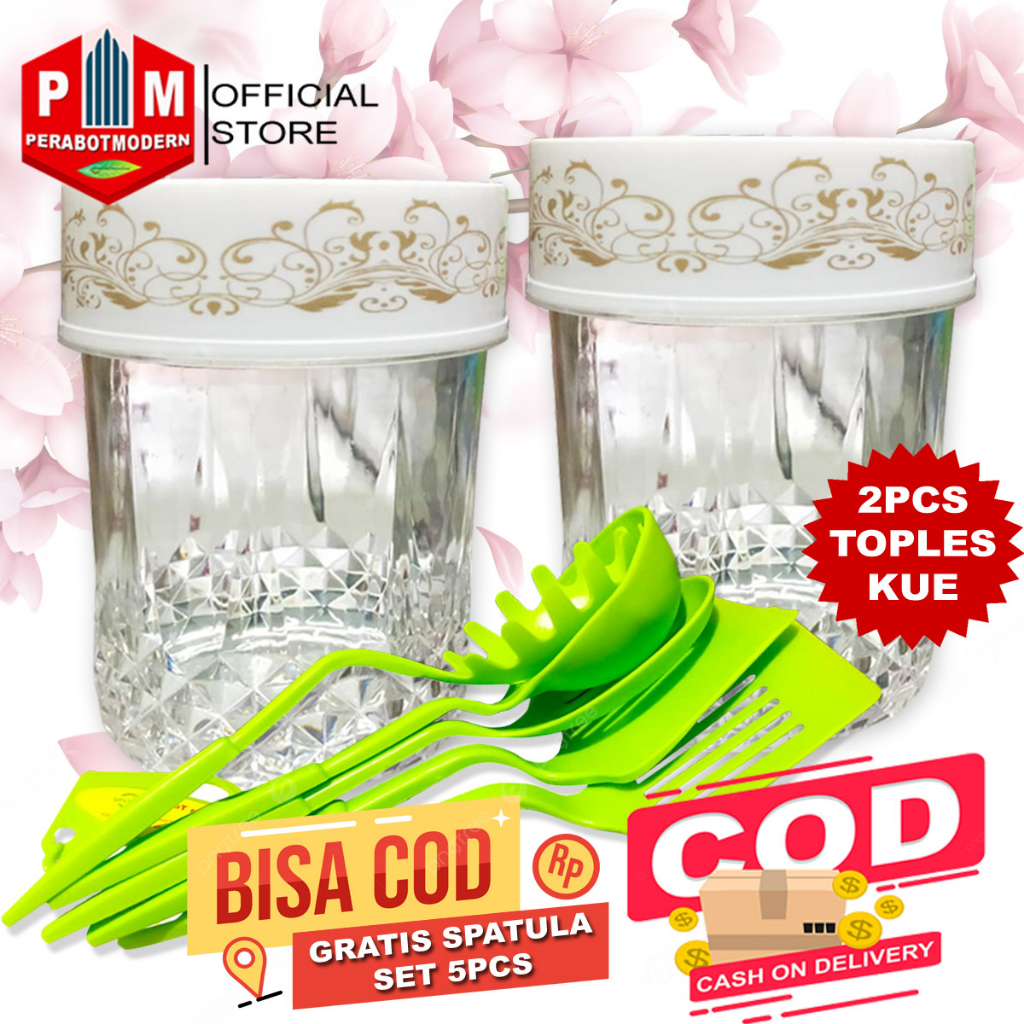 Toples Kue Acrylic Pirex Lilia 900ml Gratis Spatula 1 Set 5pcs / toples tempat kue nastar permen keripik singkong basreng kacang goreng emping mede dengan tutup putar