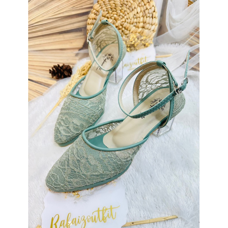 sepatu wanita nataly sage green 7cm kaca