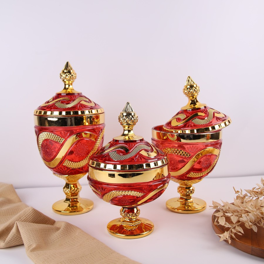 TOPLES KACA LEBARAN ULIR NAGA MERAH CAPODIMONTE 3 PCS - AB025-1-2-3GC-RED