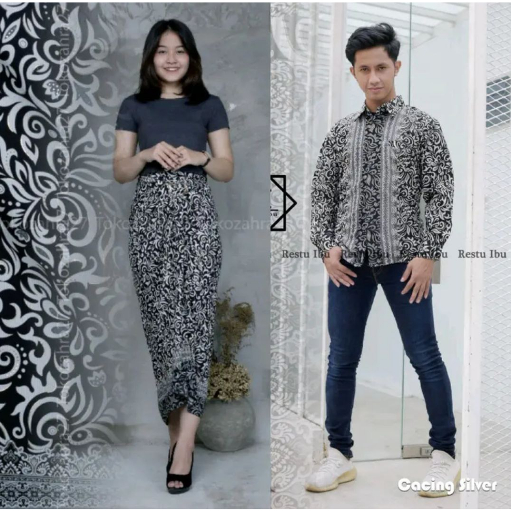 Couple Rok Lilit Wanita Dan Kemeja Lengan Panjang Pria Batik Bahan Premium Tebal Motif Cacing Silver