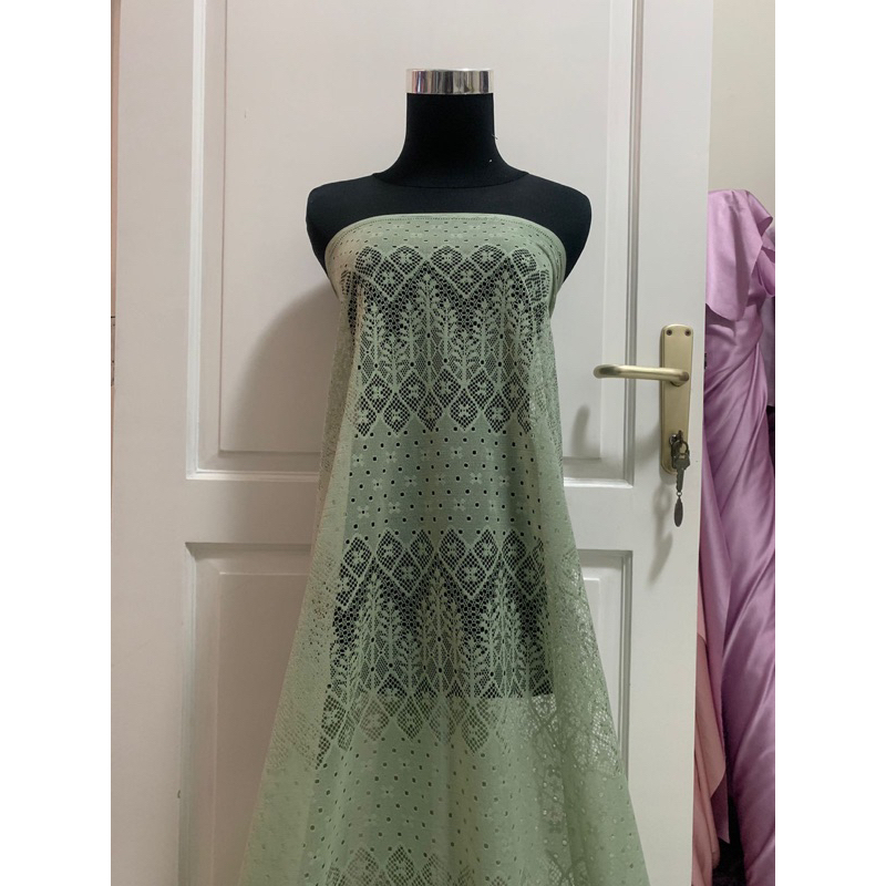 Bahan Kain Brokat Brukat Lace Renda Halus Motif Padi Kecil Lolita Warna Hijau Sage Green