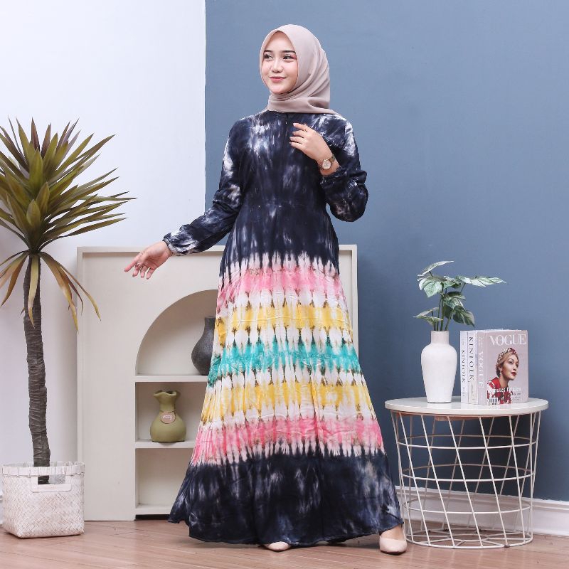 Gamis Rayon Black Tiedye Jumbo Resleting Depan Bumil Friendly Dress Wanita Kekinian Terbaru Adem