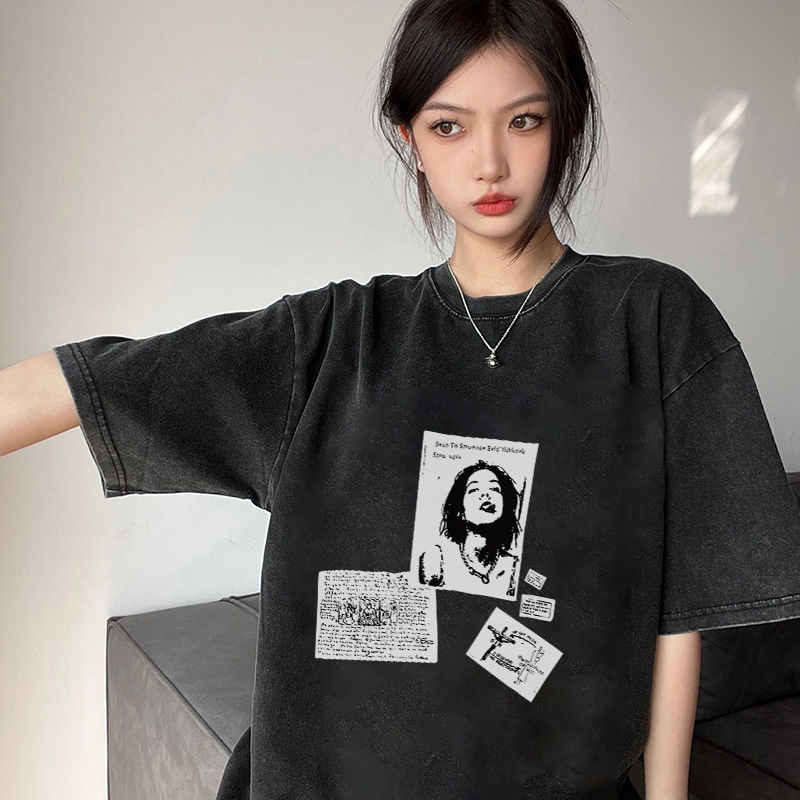 Print Washed T-shirt Kaos Lengan Pendek Oversize Hitam Retro Women Korean Style Atasan Wanita