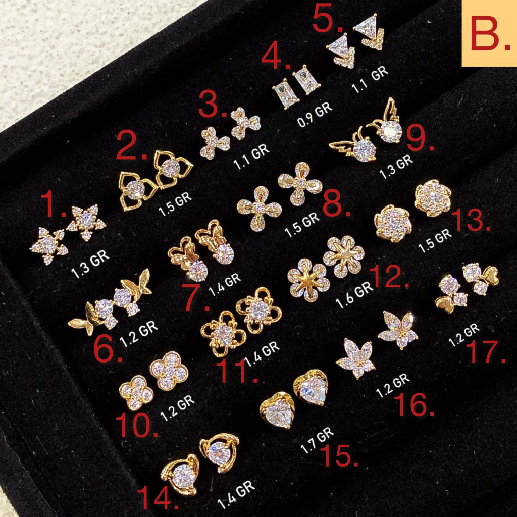 Anting stud anak dan dewasa emas asli kadar 70 16k solitaire bintang kupu2 clover love pita diamond look mariposa korean kerabu giwang duduk paku cucuk tusuk