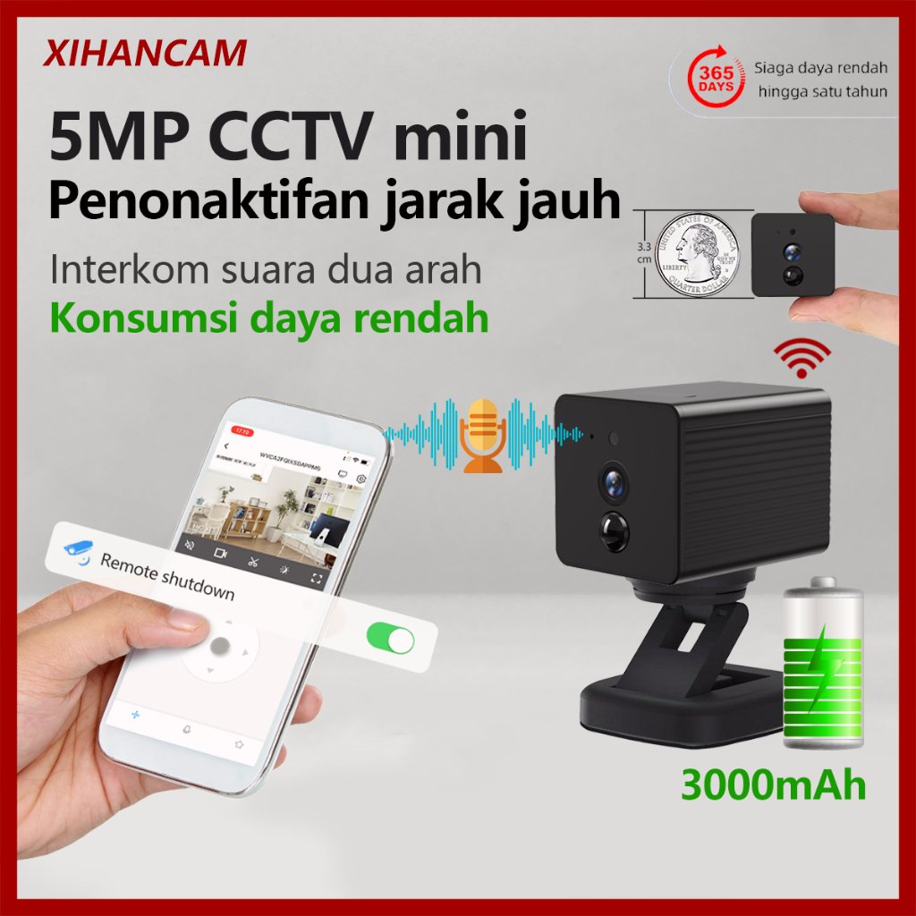 XIHANCAM Panggilan Dua Arah Kamera Pengintai Mini Baterai Internal FHD 5MP Kamera Cctv Mini Tersembunyi Tanpa Kabel Spy Cam Ip Camera Cctv Wifi Hidden Camera Spy Camera Mini Wifi Smart Camera CCTV Indoor Wireless HP Kamera Kecil Tersembunyi Tanpa Wifi