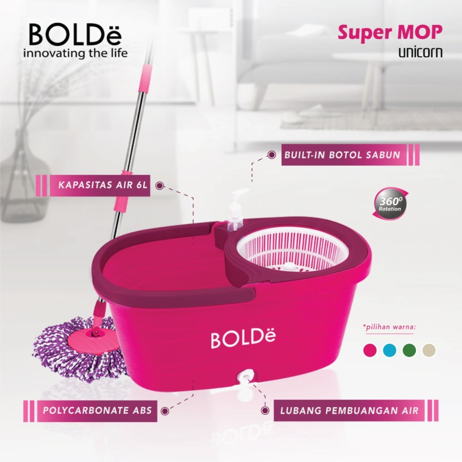 Alat Pel Bolde Supermop UNICORN Otomatis Tongkat Putar Ember Murah Pel Super Mop Paket Pel dan Ember Pembersih Lantai Otomatis