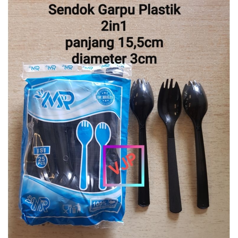 Sendok Plastik 2 In 1 / Sendok Ujung Garpu Makan Plastik 2 In 1 Isi 25pcs