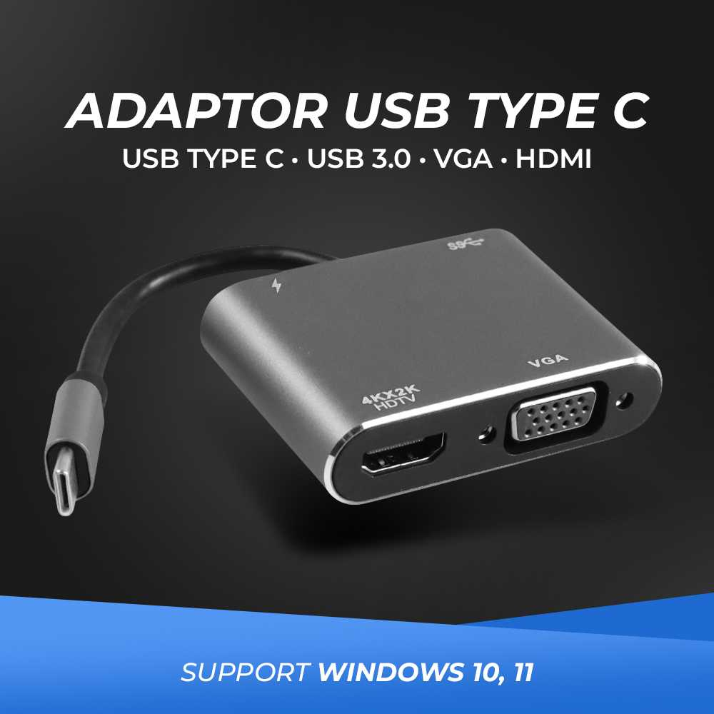 RRS STORE  KABEL CABEL Adaptor USB Type C to HDMI VGA PD Charging 4K 87W - D87 plug USB 3.0 Adaptor ini memudahkan Anda untuk menghubungkan laptop yang memiliki port USB Type C ke perangkat visual yang memiliki port HDMI, seperti TV, proyektor dan monitor