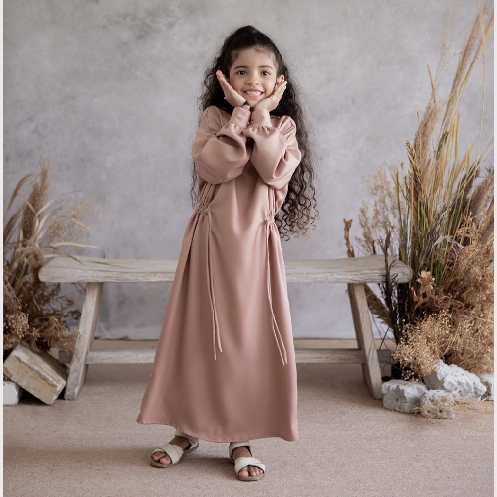 Deva Kids by Askal Label - Dress anak gamis bahan polyester details kerut pinggang warna hijau pink dan dusty pink mauve