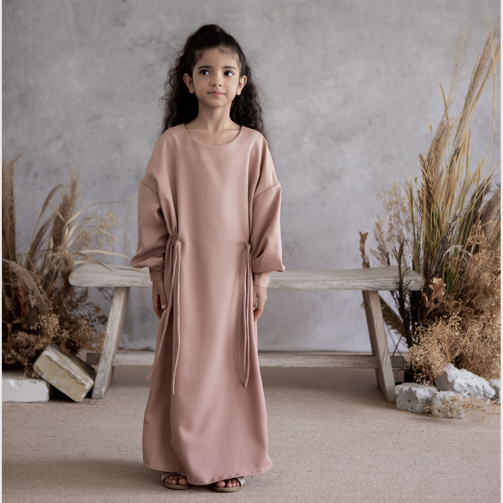 Deva Kids by Askal Label - Dress anak gamis bahan polyester details kerut pinggang warna hijau pink dan dusty pink mauve