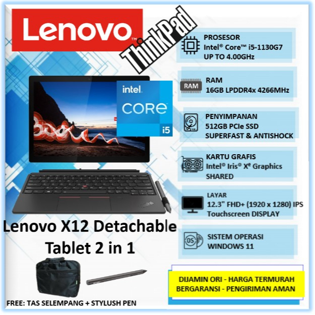 Laptop Tablet 2in1 Lenovo Thinkpad X12 Intel i5 1130G7 RAM 16GB 512GB SSD 12" FHD+ Touchscreen Windo