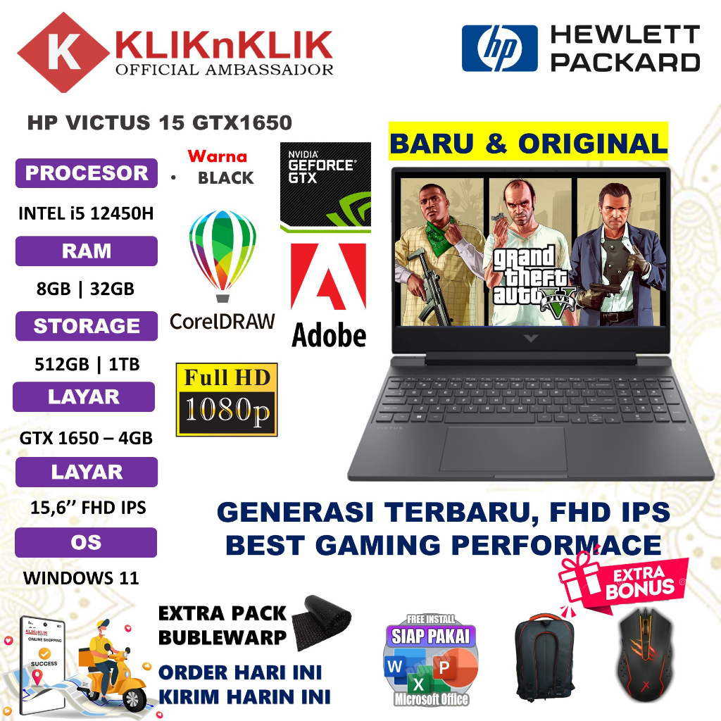 LAPTOP GAMING HP VICTUS 15 INTEL I5 12500H RAM 32GB SSD 1TB RTX3050Ti 4GB FHD 144Hz WINDOWS 11 TERLARIS