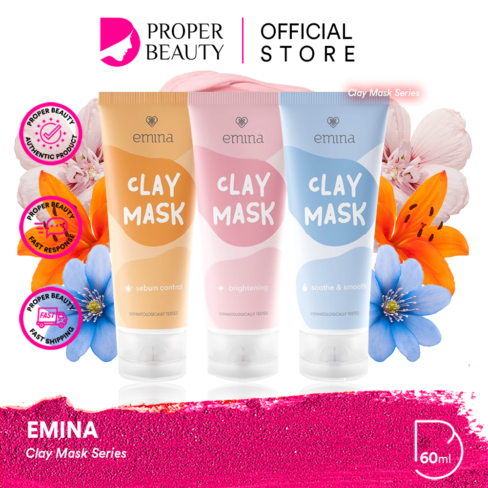 EMINA Clay Mask Series Indonesia / Masker Wajah 60ml / Brightening Sebum Control Soothe &amp; Smooth / Mencerahkan Exfoliating Eksfolisi / Menghaluskan Mengencangkan / Menenangkan Melembabkan / Skincare Face Care Treatment Perawatan Kulit Muka