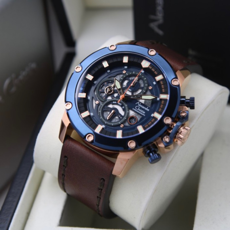 jam tangan pria alexander cristie original ac6564  blue rose gold leather brown