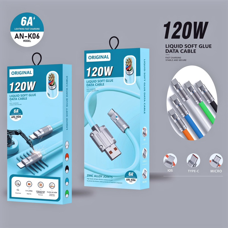 ELITEE 120W 6A Kabel Data Metal / Charger Micro USB / Type C / Lightning 120W / 6A Bahan Silikon 1 Meter