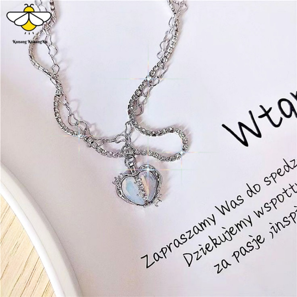 Kalung Titanium Cinta Mosaik Wanita Pria Gaya Hip Hop Liontin Love Hitam Anti Karat